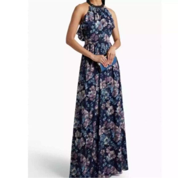 Marchesa Notte Navy Blue Floral Halter Maxi Dress| Size 10 - Picture 1 of 11